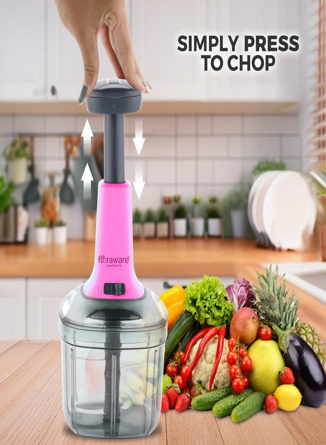 Floraware Food Chopper Steel Large Manual Hand-Press Vegetable Chopper Mixer Cutter to Cut Onion, Salad, Tomato, Potato (Pink, 600ML) - Image 2